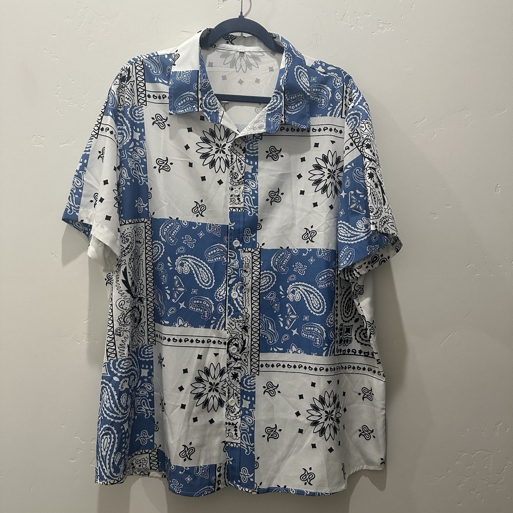 Paisley Men's Button Up Short Sleeve Shirt Blue‎ White And Black Size XXL